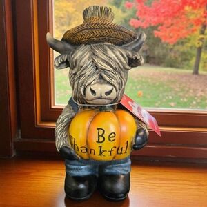 West Highland Cow Be Thankful Figurine Statue with Pumpkin